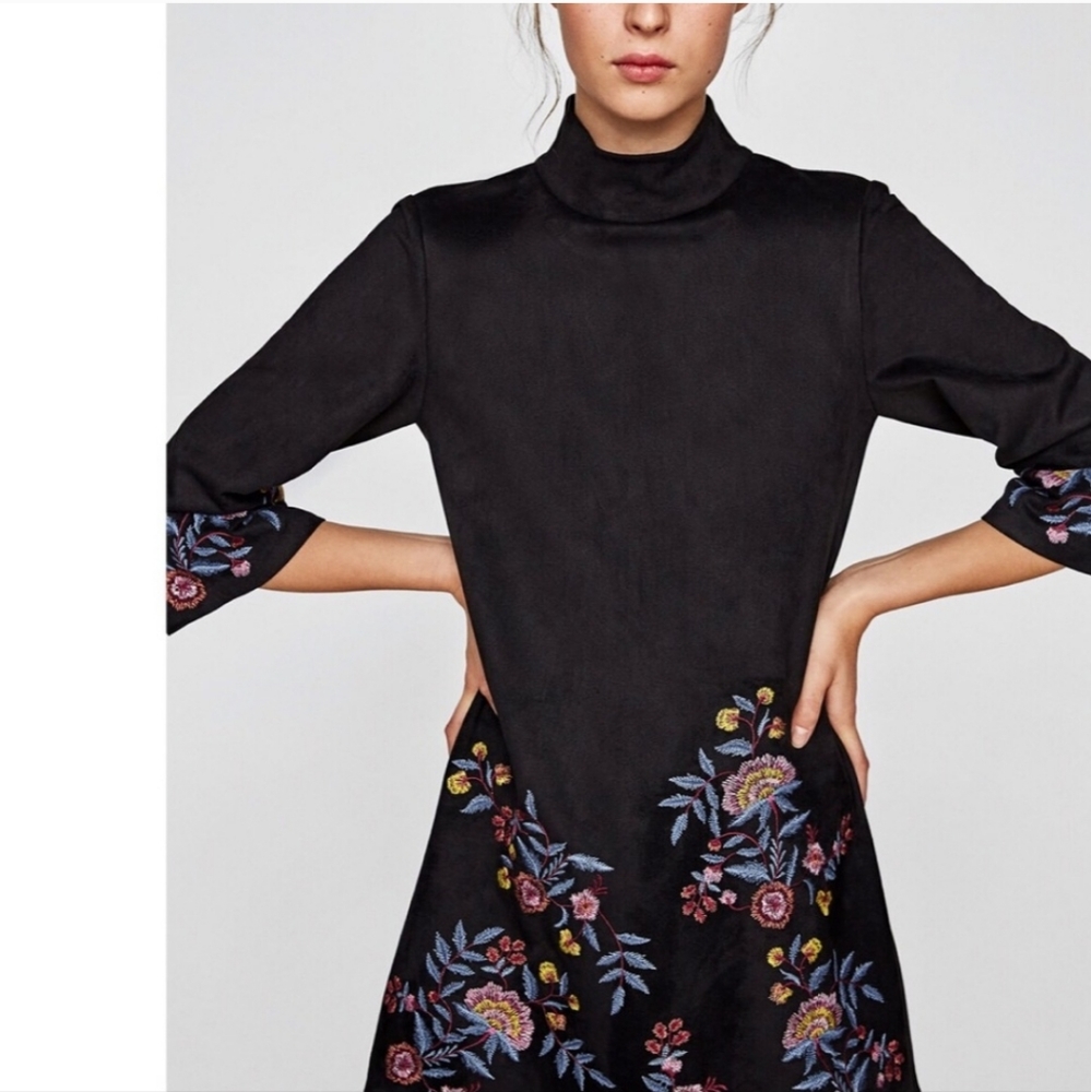 ZARA BLACK SUEDE EMBROIDERED DRESS BACK ZIP MINI SIZE XS - Picture 2 of 13
